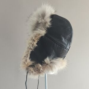 Unisex Black Leather and Brown Harricana Luxury Fur-Lined Hat